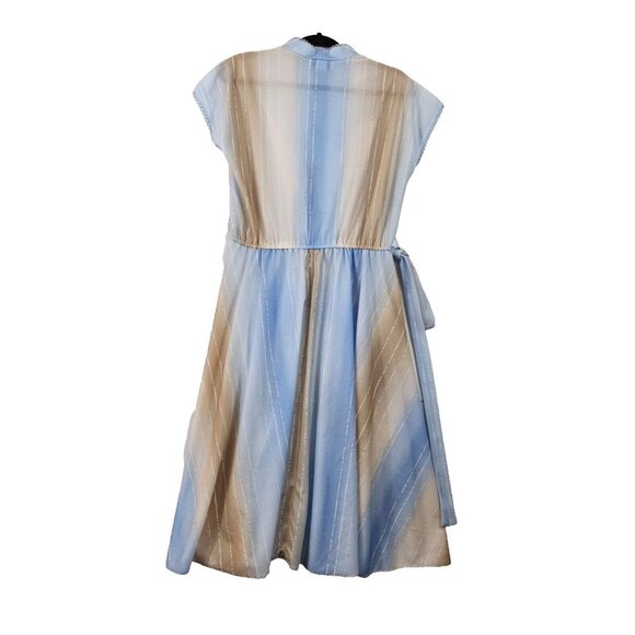 Vintage 80s Size 10 Watercolor Blue Tan Striped V-Neck Short Sleeve Midi Dress - Picture 5 of 6